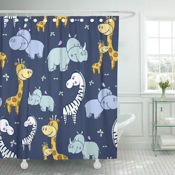 

Cute Smiling Hippo and Bird on His Head Zebra Shower Curtain Waterproof Polyester Fabric 72 x 78 Inches Set with Hooks