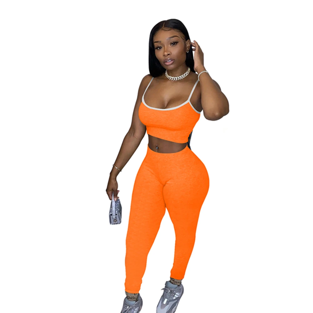 

Womens Solid Color Straps Crop Top and Pants Two Set