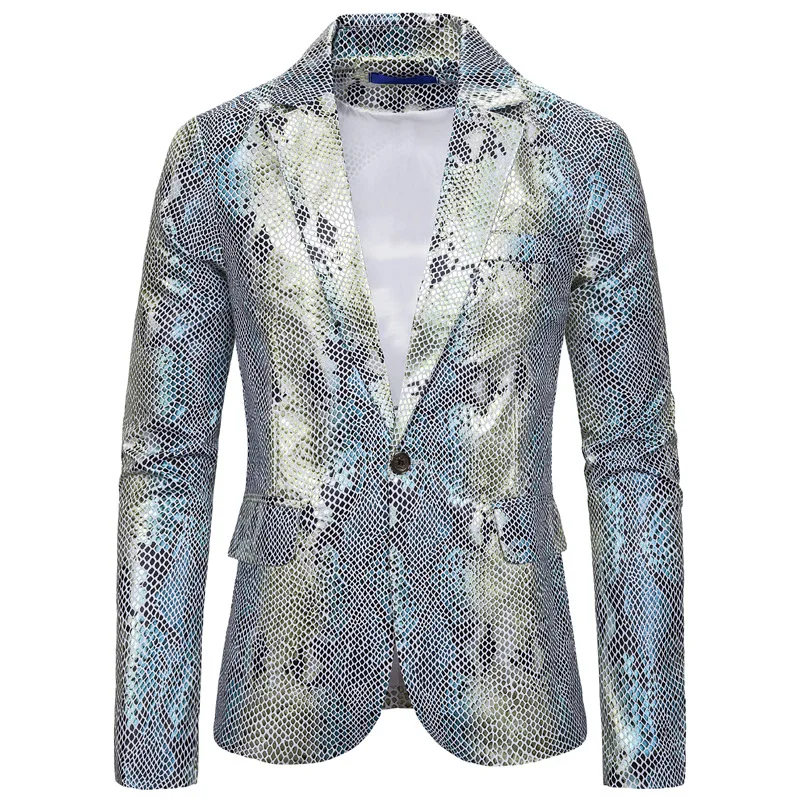 Shenrun Men Blazer Causal Jacket Green Silver Suit Jackets King Fish Scale Print High Quality Stage Host Singer Musician Costume - Цвет: Silver