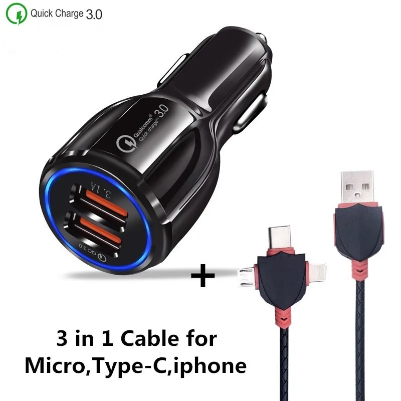 Black 2USB and Cable 3 порта USB зарядное устройство 3.1A автомобильное зарядное устройство для мобильного телефона быстрое зарядное устройство адаптер для iphone huawei samsung Quick charger 3,0 - Тип штекера: Black 2USB and Cable