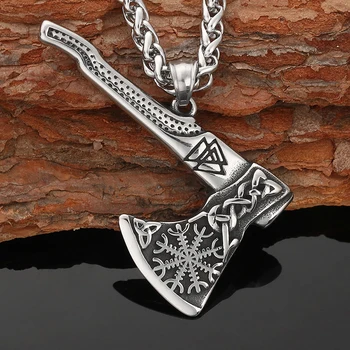 Nordic Double-sided Viking Tomahawk Odin Triangle Guardian Awe Helmet Men's and Women's Pendant Necklace