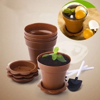 

10pcs Flowerpot Cake Cups with Lid Shovel Scoop Bottom Tray Plastic Yogurt Cup Dessert Container for Ice Cream Mousse