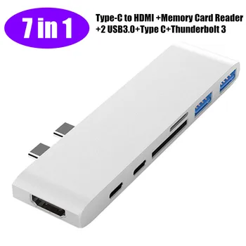 

7 in 1 Dual USB C Docking Stations for MacBook pro Laptop Type-C to HDMI +Memory Card Reader+USB3.0+Type C+Thunderbolt 3