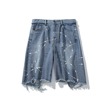 

Harajuku Streetwear Retro Thorns Printed Denim Shorts Men and Women Loose Frayed Hip Hop Five-point Pants Zipper Fly Jeans Short