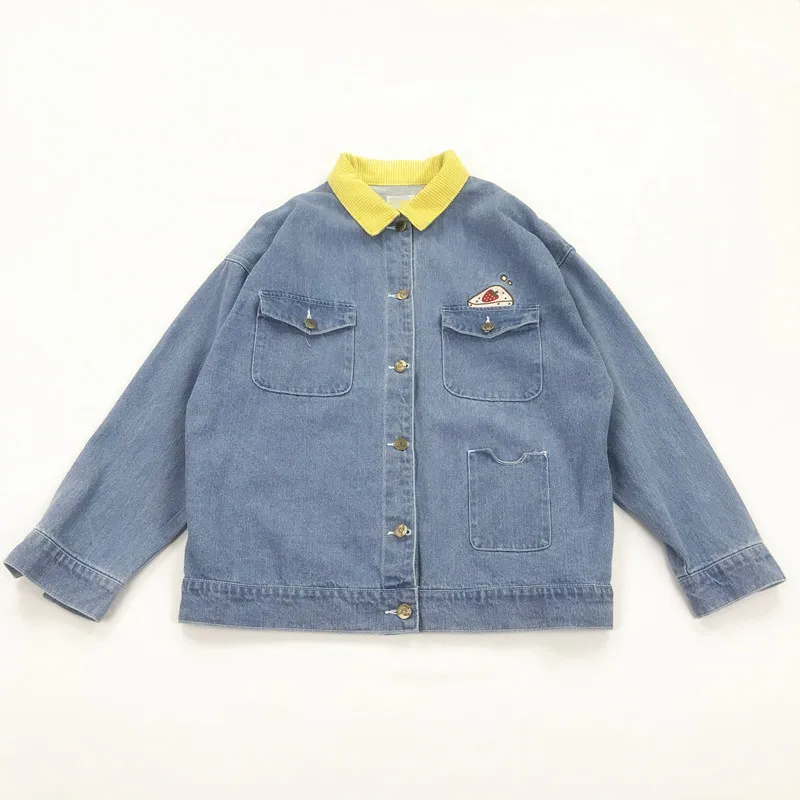 

Japanese-style Playful Strawberry Cake Embroidered Contrast Color Bright Yellow Fold-down Collar Cowboy Jacket Students Women's