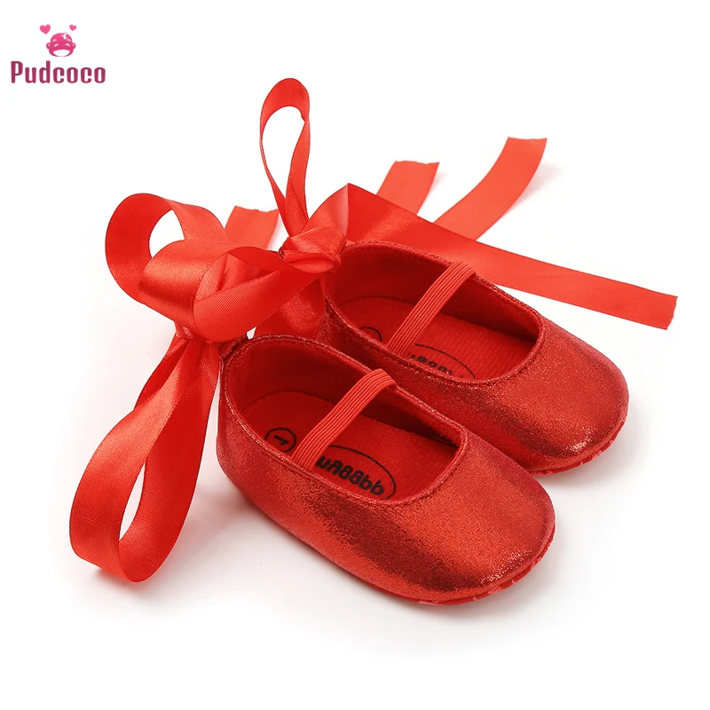 Pudcoco Infant Newborn Baby Girls Shoes THE RED SHOES Soft Soled Solid Lace Up PU Princess Striped Crib Prewalker Walking Shoes