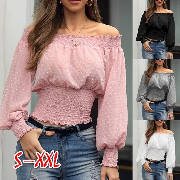Autumn Chiffon White Blouse Shirt Off Shoulder Crop Top Long Sleeve Blouses Ruffles Solid Sexy Blusa Mujer