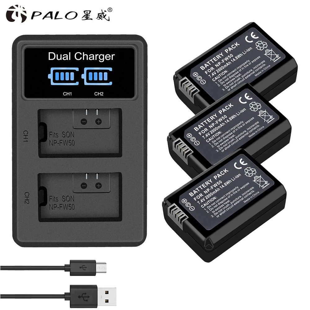 1 charger 3 battery PALO 2 шт. 2000 мАч NP-FW50 FW50 батарея для цифровой камеры AKKU+ светодиодный двойной зарядное устройство для sony a6500/6300 A7SM2 RX10 II NEX-3/3N/5C/5 T/CD - Цвет: 1 charger 3 battery