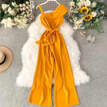 

Runway Designer 2020 Summer Black/Yellow/Red/Green Rompers One-shoulder High Waist Sashes Slim Casual Wide Leg Jumpsuit Female
