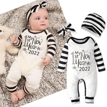 Baby Boy Long sleeve Bodysuit  Jumpsuit For Newborns My 1st New Year 2022 One-Piece Romper + Hat+ Headband Three-Piece