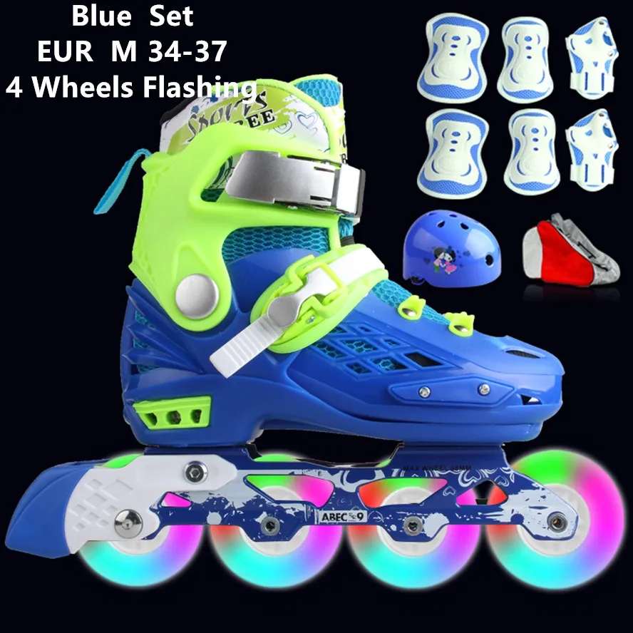 Набор для детей, мигающий роликовый каток, детская обувь для катания на коньках, шлем на колени запястье, защитное снаряжение для подростков, регулируемый размер, 4 колеса - Цвет: blue 08