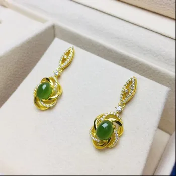 

Real Certified Natural Hetian Jasper 925 Sterling Silver Many Circles Around Inlaid Green Jade Earrings For Women Fine Jewelry