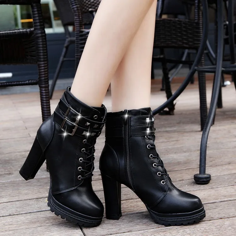 

Martin Boots Fashion WOMEN'S Boots 2019 Spring And Autumn New Style British-Style Chunky-Heel High-heeled Shoes Lace-up Spring A