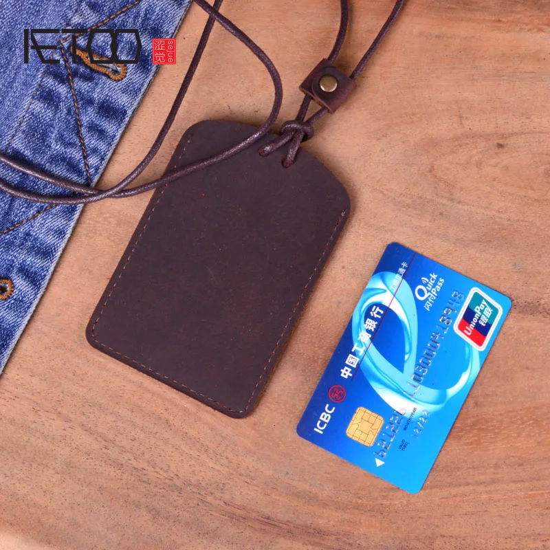 

AETOO Handmade leather CARD wallet original cowhide card sets retro simple lanyard bus card bank card access