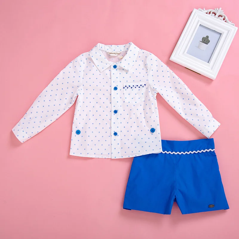 Cutestyles/новейший Летний комплект одежды для мальчиков синяя рубашка в горошек и