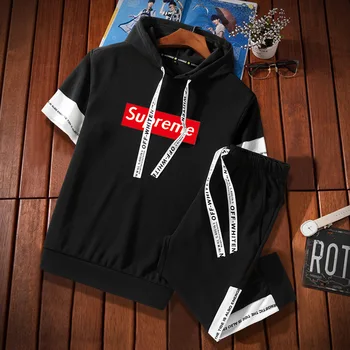 

Cool First - Suit A02-2019 Lian Cap Short Sleeve T Shirt Sports Suit Top Plus Pants Chao Brand Running Clothing