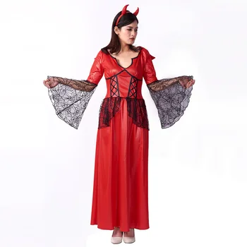 

Halloween Adult Stage Costume Women's Adult Black Lace Sleeve Red Demon Long Dress Party Culture halloween costumes