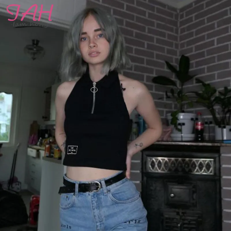 Iamhotty молния с открытыми плечами черный топ-Бюстгальтер на бретельках простые базовые Топы без рукавов женские летние повседневные жилеты Mujer укороченные топы