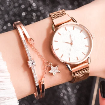 

Fashion Women Casual Watch Flower Printed Round Dial Alloy Mesh Band Quartz Watch with/without Rhinestones Bracelet LL@1