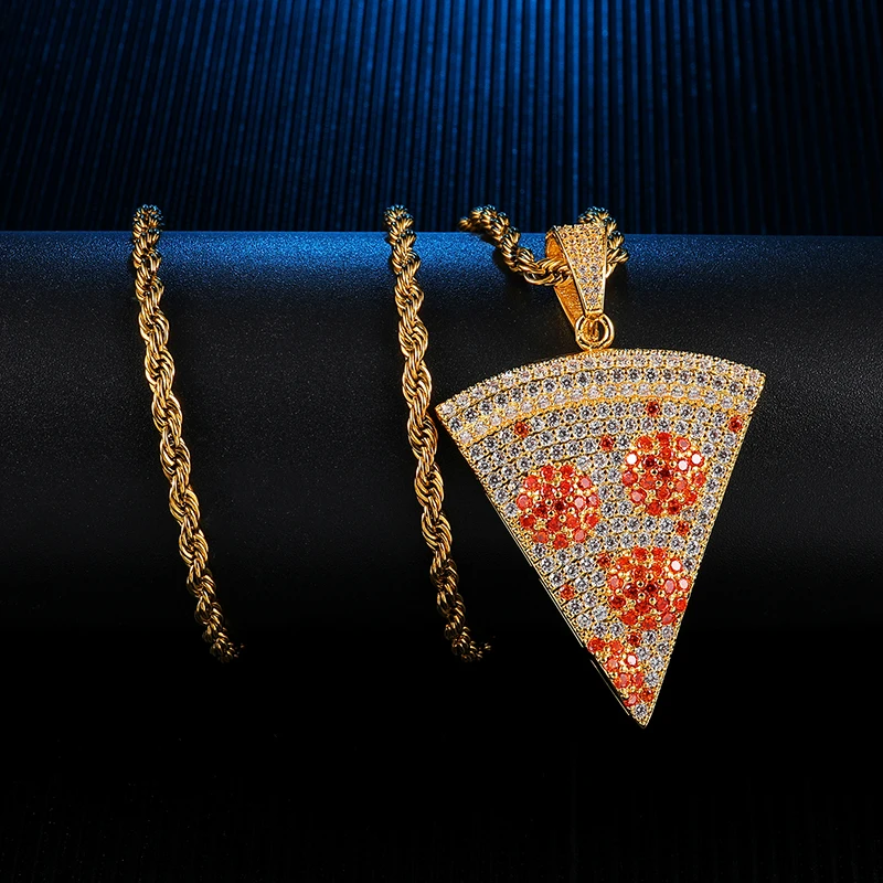 Хип-хоп кубический цирконий Iced Out форма пиццы медный набор украшений с цирконием кулон и ожерелье для мужчин ювелирные изделия с теннисная цепочка