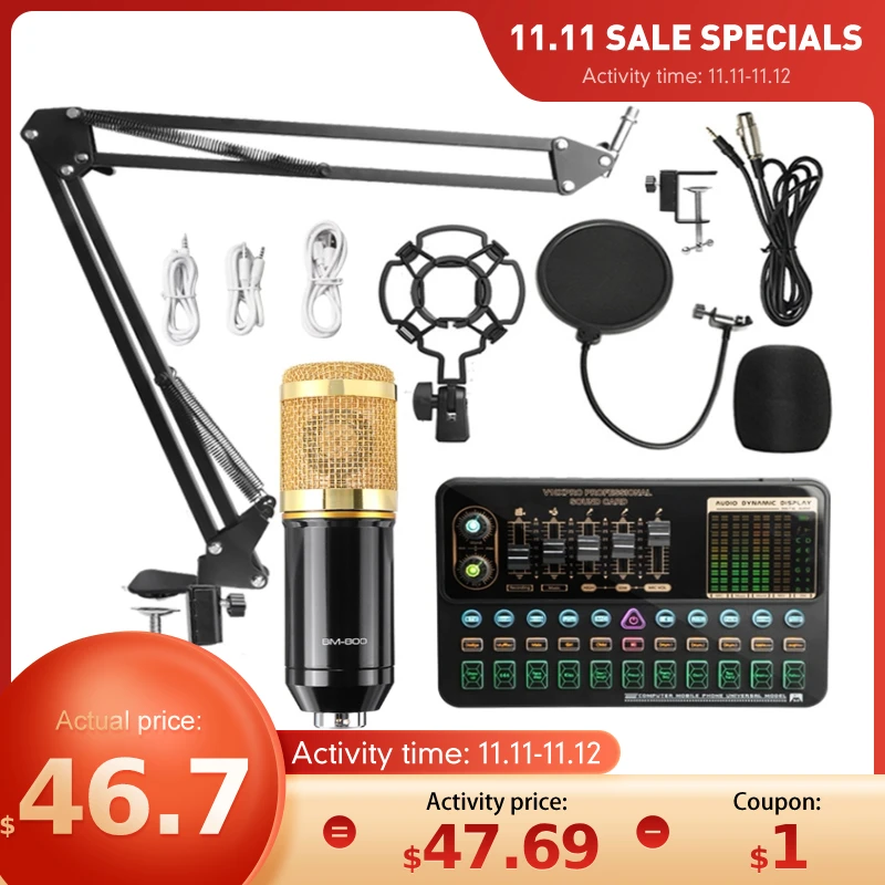 BM800 Microphone Mixer V10X Pro Sound Card Condenser Game BT Audio dj Live Broadcast MIC USB OTG Recording Professional 1