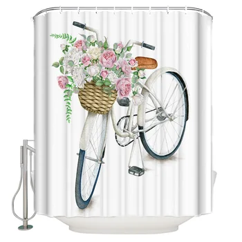 

Bicycle Flowers Basket Retro Style Shower Curtain Waterproof Bathroom Shower Curtain With Hook Accessory Bathroom Accessories