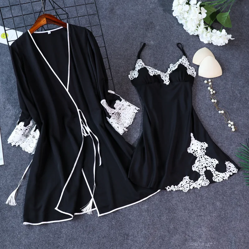 Новое поступление, женский сексуальный кружевной Атласный халат и платье, комплекты,, Женская Роскошная модная ночная рубашка, комплект, пижамный комплект - Цвет: black