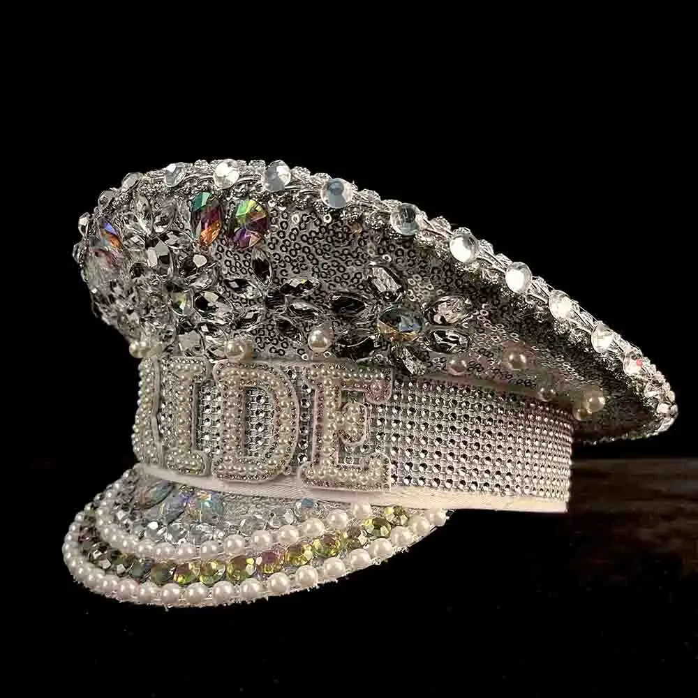 Women Sequin Burning Silver Bride Military Hat Handmade Sailor Captain Sergeant Hat Birthday Festival Part sailor hat women hats yacht captain hat women military hat