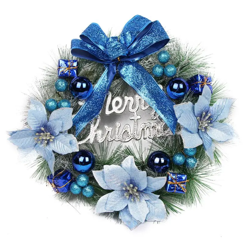 

Artificial Christmas Wreath With Bowknot, Poinsettia, Christmas Balls Ornaments Holiday Front Door Hanging Decorations 30CM