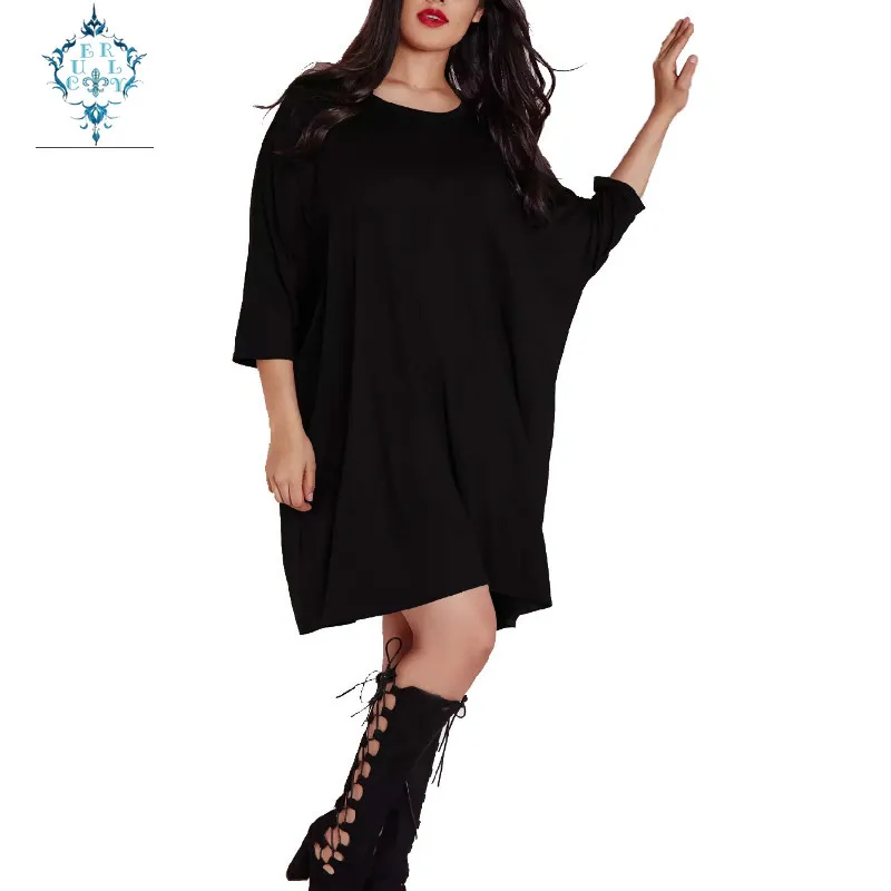 

CUERLY 2019 autumn Casual O-neck three quarter sleeve plus size dress women Chic simple versatile black loose street dresses