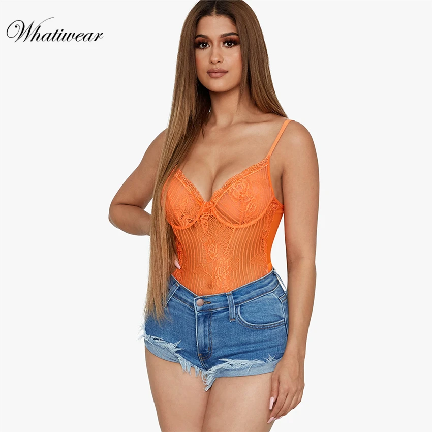 Whatiwear неоновый розовый кружевной сетчатый боди для женщин прозрачный горячий сексуальный комбинезон женский Глубокий v-образный вырез прозрачный боди