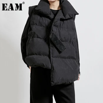 

[EAM] Women Black Asymmetrical Big Size Cotton-padded Loose Fit Vest New Lapel Sleeveless Fashion Tide Spring Autumn 2020 1N320