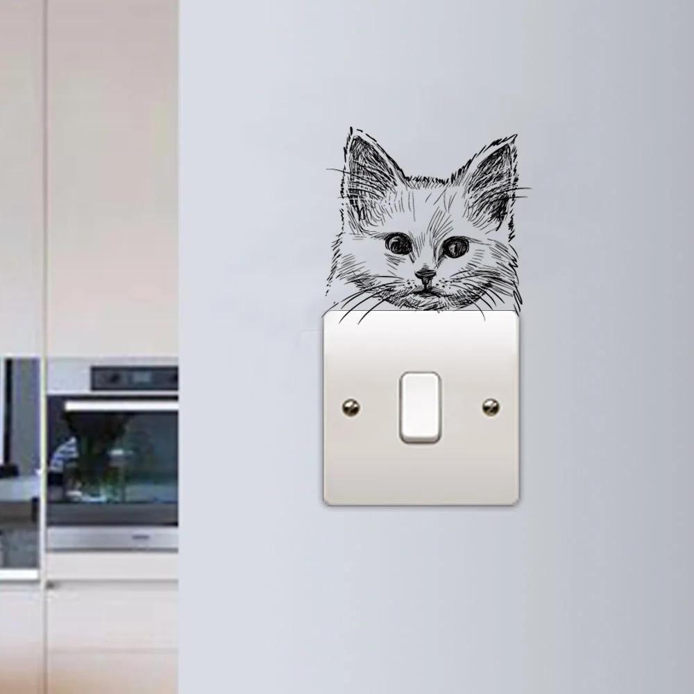 Lovely Cute Little Cat Baby Light Switch Stickers On Wall Art Sketch Laptop Decals for kids Nursery Room Home Decoration Mural (4)
