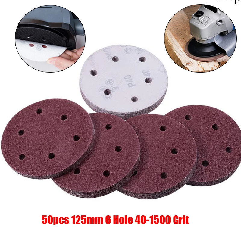 Utoolmart 50pcs 125mm Flocking Round Sandpapers with 6 Hole 40-1500 Grit Hook and Loop Sanding Disc For Grinding Polishing | Инструменты