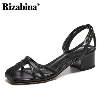 

Rizabina Women Real Leather Sandals Cover Toe Buckle Strap Thick Heel Summer Sandals Ladies Footwear Street Chic Size 35-39