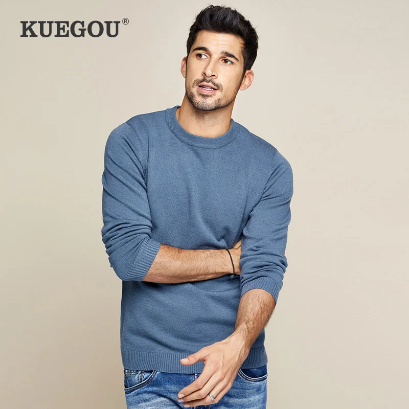 Man Sweater Pullovers Men XZ-8922 KUEGOU Slim Cothing Mens Winter Fashion Plus-Size