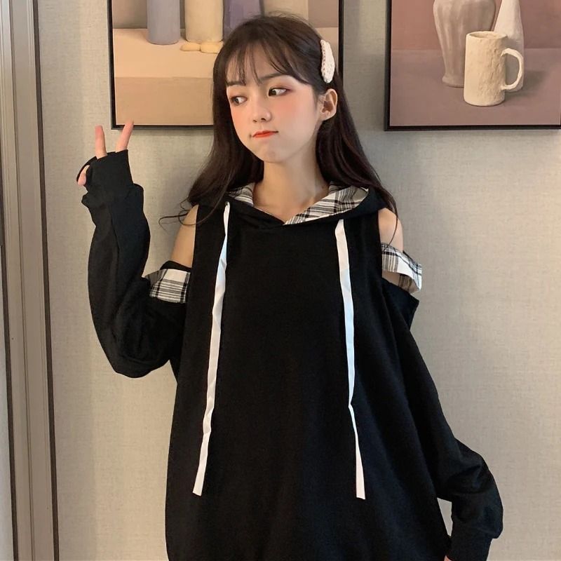 Aulead Япония Косплей каваи толстовки Harajuku милые с открытыми плечами клетчатые женские розовые Кофты модные на шнуровке Сексуальные Девушки пуловер