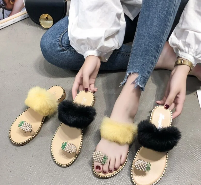 

Factory direct autumn and winter pineapple rhinestone flip crust suede wool single finger low heel foot color matching comfortab