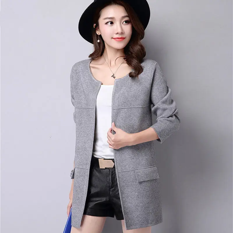 

Fashion Loose Knitting Cardigan Medium Long Plus Size 3XL Women Coat Brand Solid Color O-Neck Long Sleeve Female Jacket Outwear