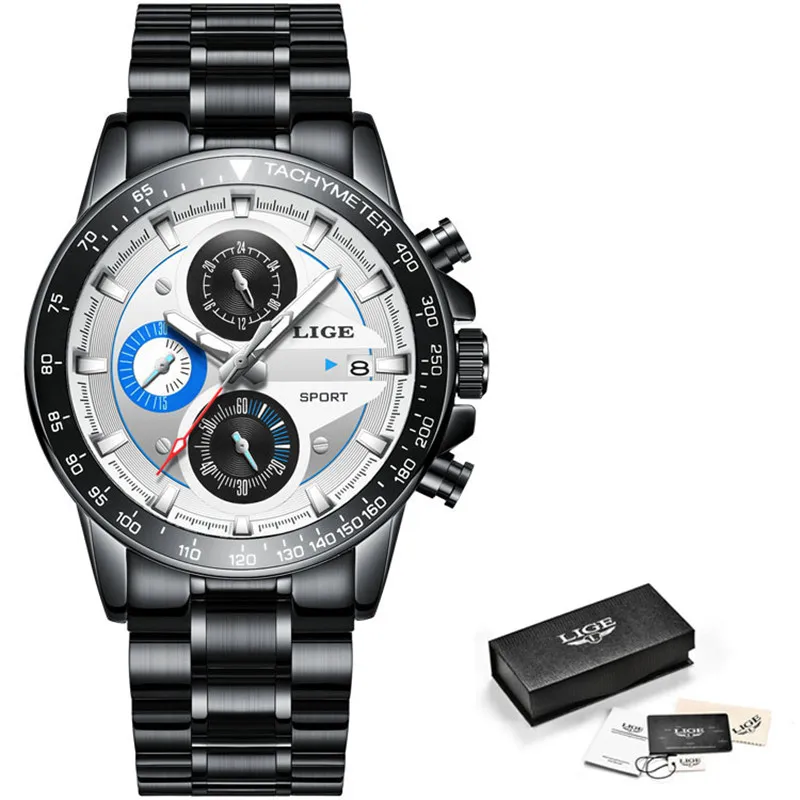 Steel Black White LIGE Модные мужские наручные часы мужские креативные бизнес хронограф кварцевые часы из нержавеющей стали водонепроницаемые мужские часы Relogio Masculino - Цвет: Steel Black White
