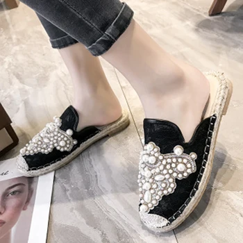

2020 Women Pearl Flats Woman Sewing Loafers Women's Slides Female Comfortable Round Toe Footwear Low Heels Spring And Autumn