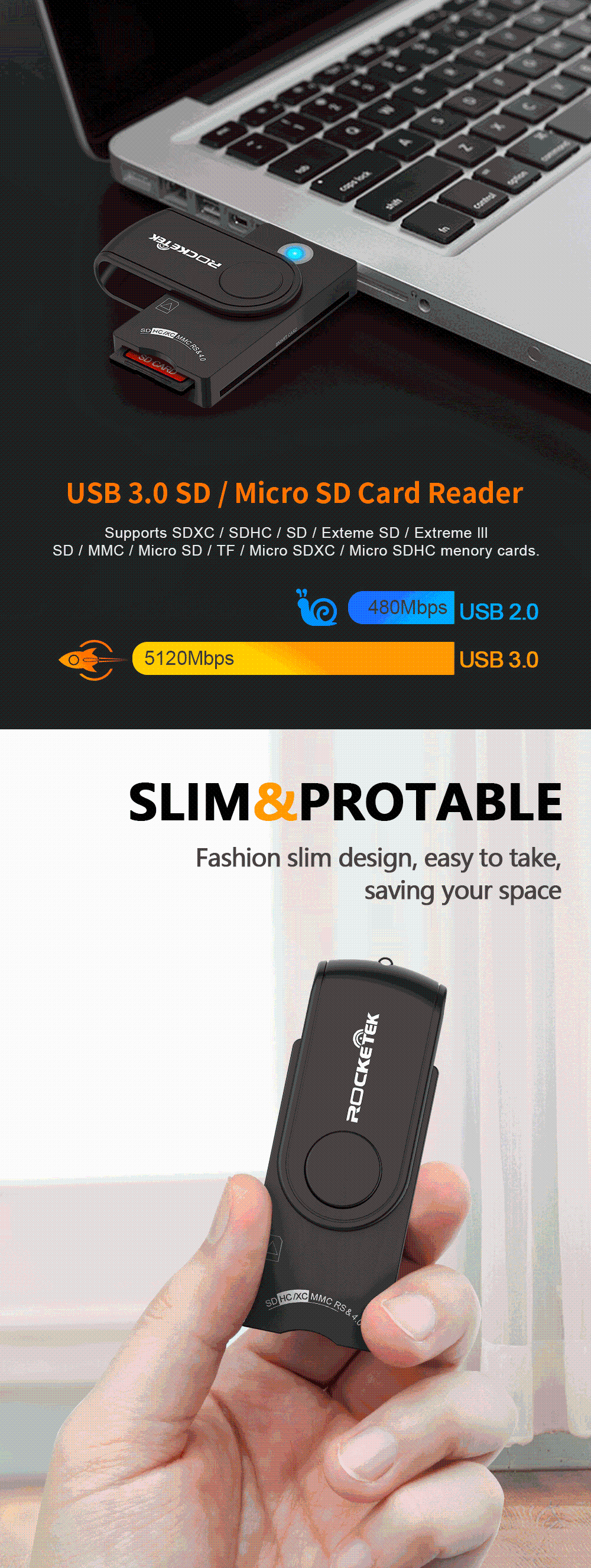 ROCKETEK USB3.0 2,0 смарт-кард-ридер мульти-карта памяти SIM кард-ридер TF кард-ридер SCR10A адаптер компьютер ПК