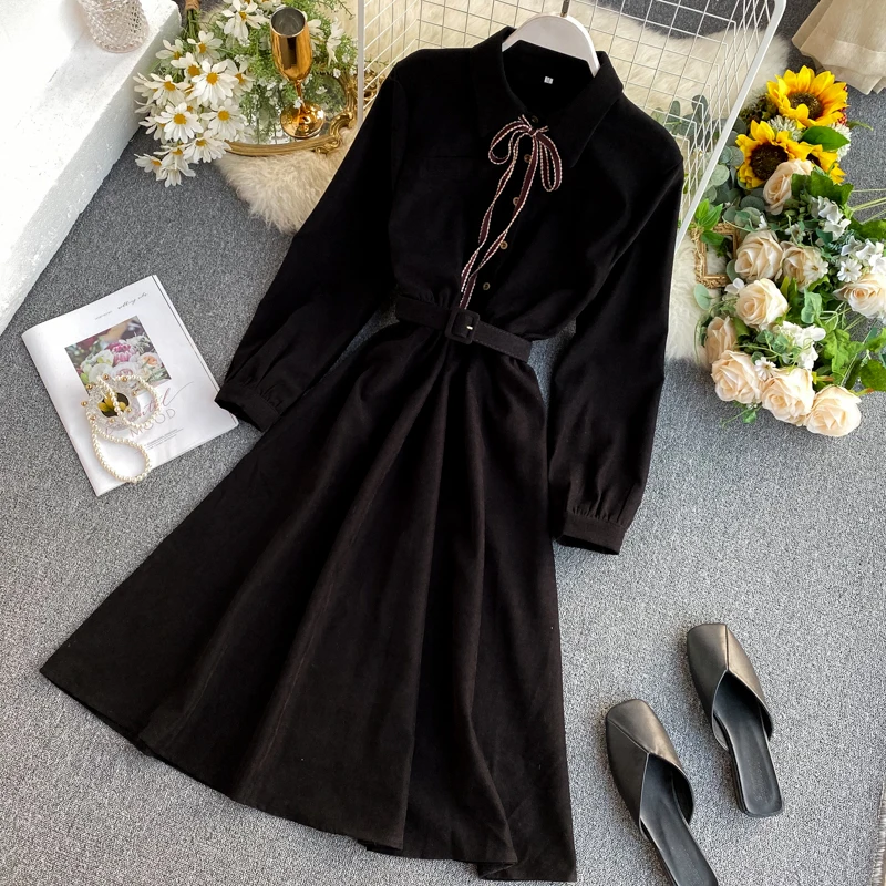 YuooMuoo женское длинное платье-рубашка элегантное платье с отложным воротником Бандажное платье с длинным рукавом Осень-зима ТРАПЕЦИЕВИДНОЕ вечернее платье vestidos