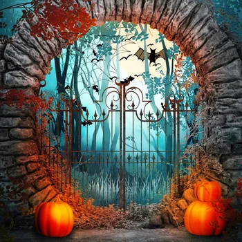 

Laeacco Photo Background Photography Vintage Stone Arch Door Gate Happy Halloween Pumpkin Forest Tree Party Child Photo Backdrop