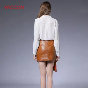 

2020 Spring Summer New Chiffon Lace Long-Sleeved Shirt High Waist Irregular PU Leather Hip Skirt Two-piece Set