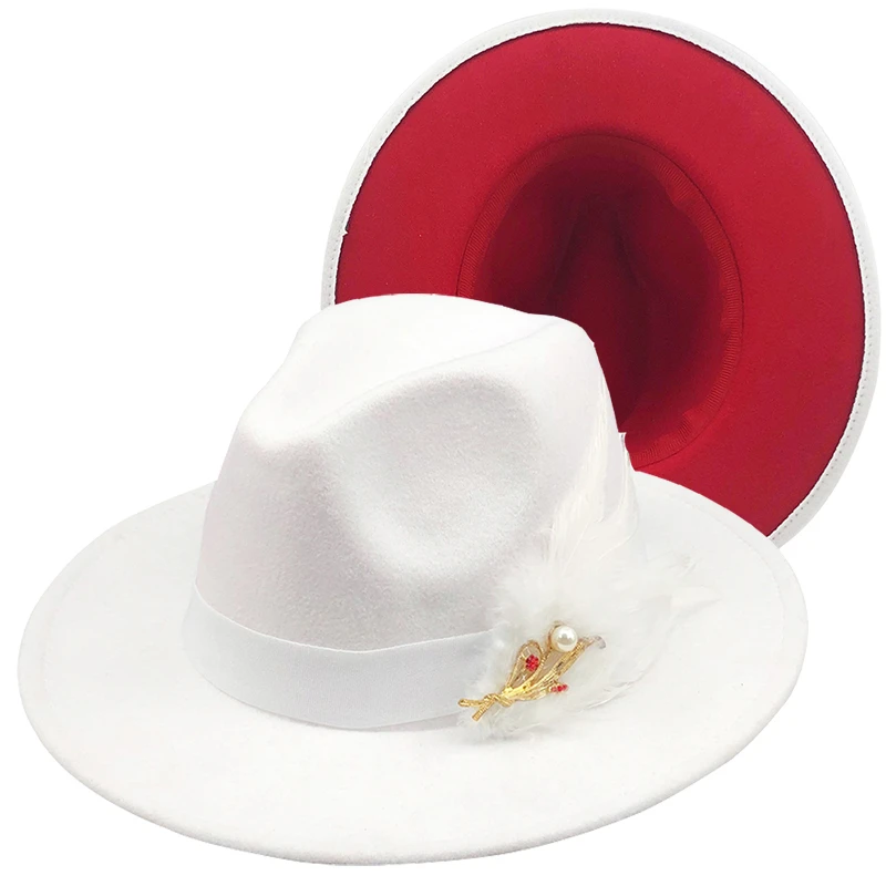 

luxury White Red Patchwork Felt Jazz Hat Cap Men Women Flat Brim Wool hat Girl feather Fedora Hats Panama Trilby Vintage Hat