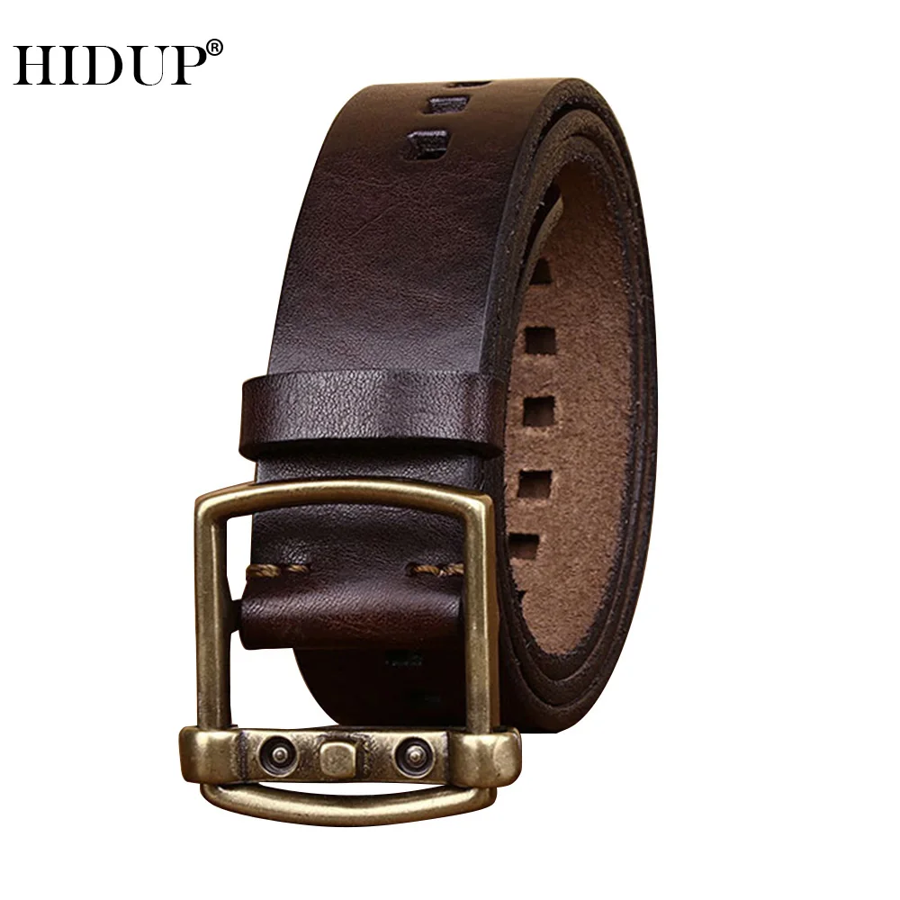 HIDUP All-match Retro Style Cow Skin Leather Belt Solid Brass Buckle Handmake Square Hole Pin Belts Jeans Accessories NWJ1104