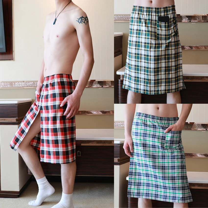 

Men Scotland Kilt Skirt Costume Sleepwear Accessory for Scotland Highland Pajamas Tartan Dress 2 Sides Split Beach Clothing