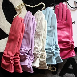 25cm Classic Pleated Genuine Leather Gloves Women Color Real Leather Gloves Sheepskin Leather Femal Winter Gloves Free Shipping