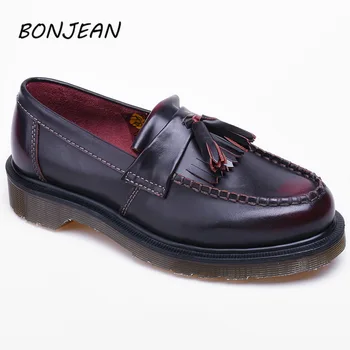 

Bonjean 2019 New Loafers Genuine Leather Tassel Shoes Men and Women Flat Casual Shoes Mens Loafers Luxury Driving Soft Footwear
